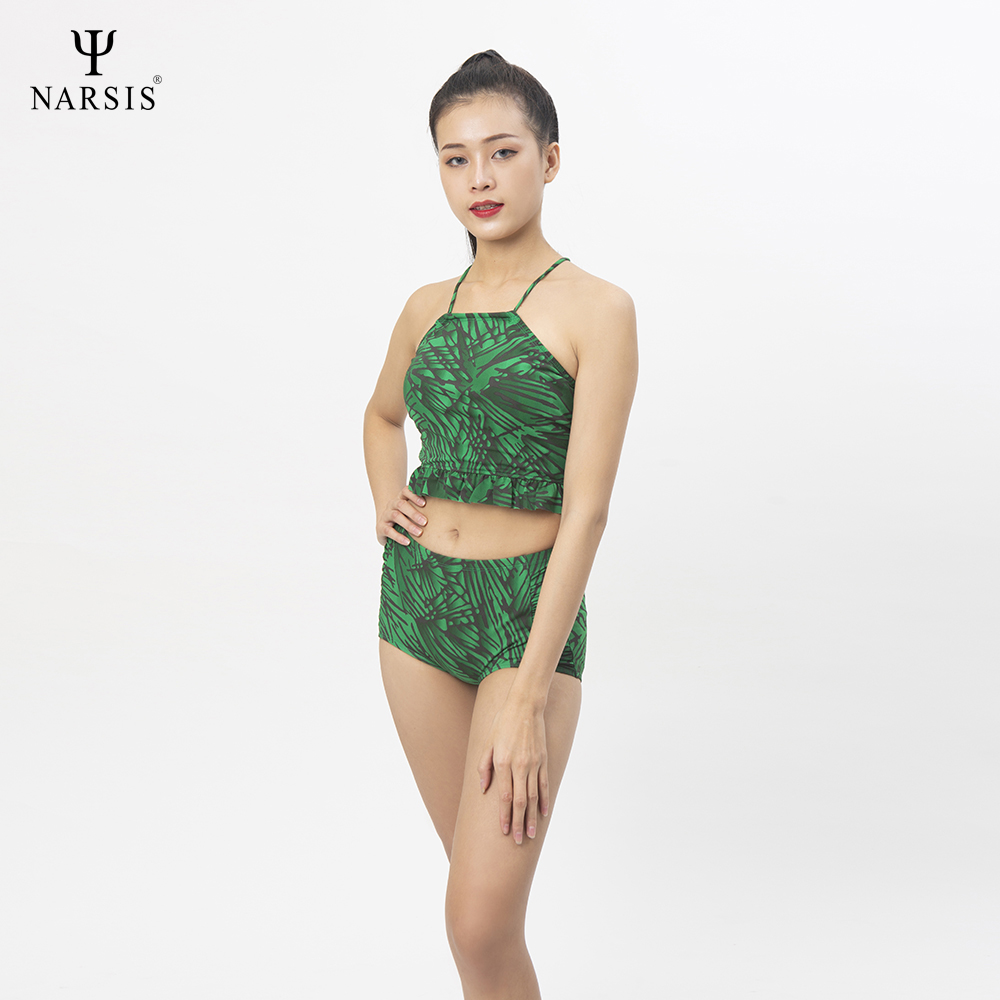 Bộ bơi nữ  NARSIS A0009 2 mảnh hoa văn xanh lá cây đen
