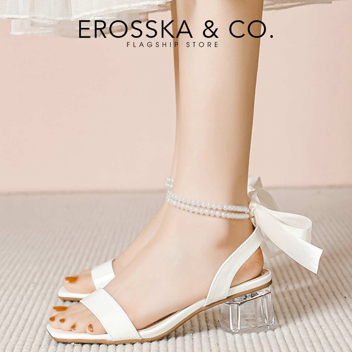 Erosska - Giày sandal cao gót đi học dây thắt nơ phối ngọc cao 4cm _ EB048