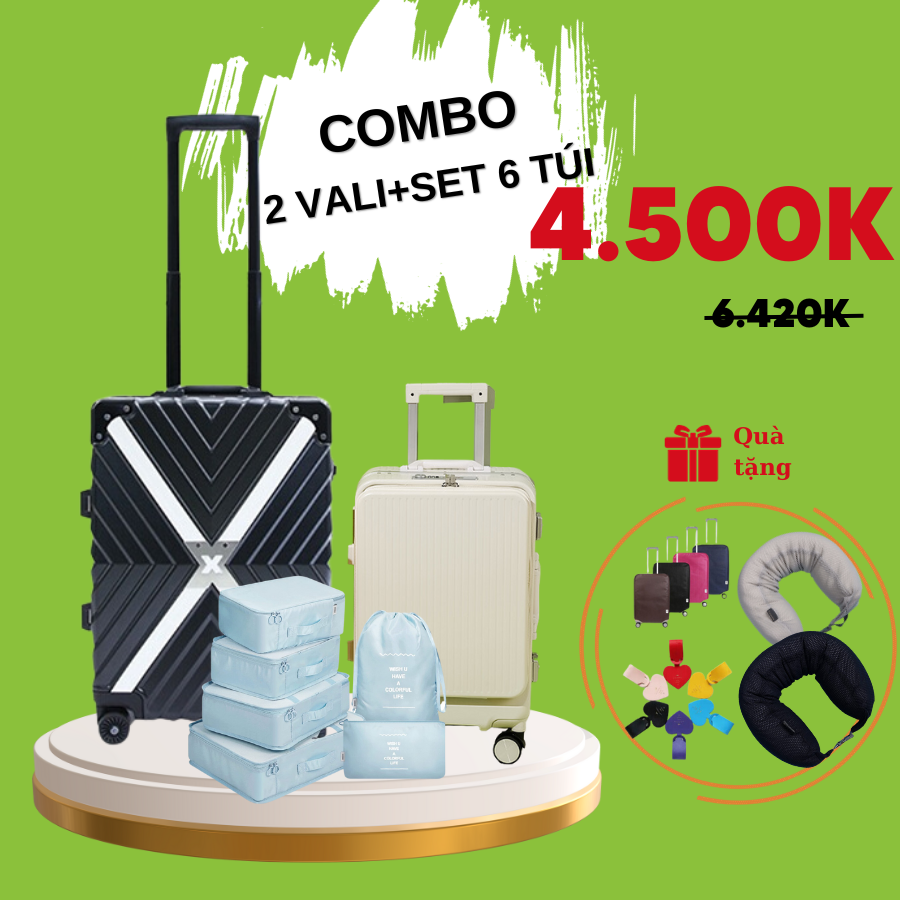 COMBO SIÊU HỜI 2 Vali kéo du lịch cao cấp nhập khẩu Hàn Quốc Vali Tresette 2839 Size 20, Vali 6055 Size 26 và Set Túi Du lịch 012