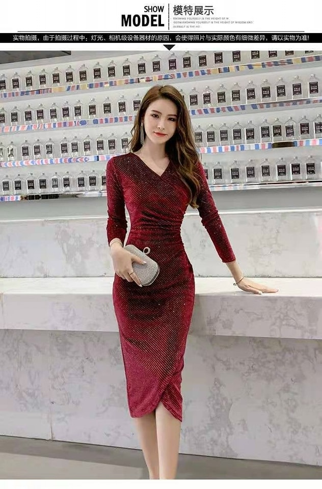 ĐẦM BODY NHUNG KIM SA CỔ ĐẮP CHÉO CAO CẤP