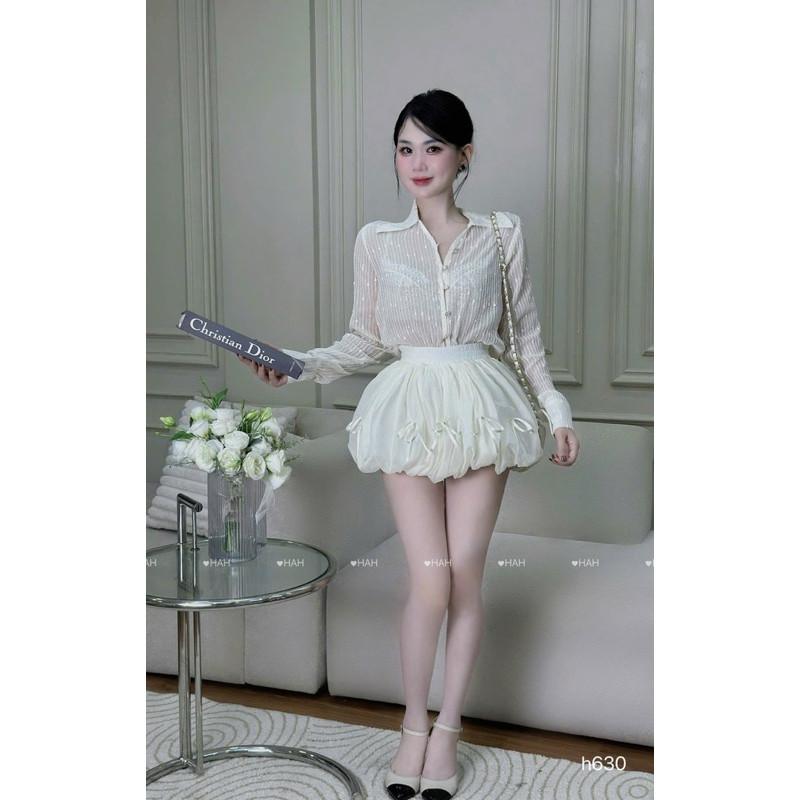 Set áo sơmi voan mỏng chân váy bồng sẵn lót quần hàng loại 1 chuẩn mẫu