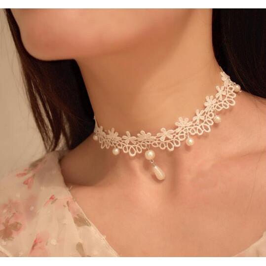 Choker ren vải trắng hoạ tiết hoa thả hạt vòng vải ren ôm cổ bó sát mẫu mới CKV119