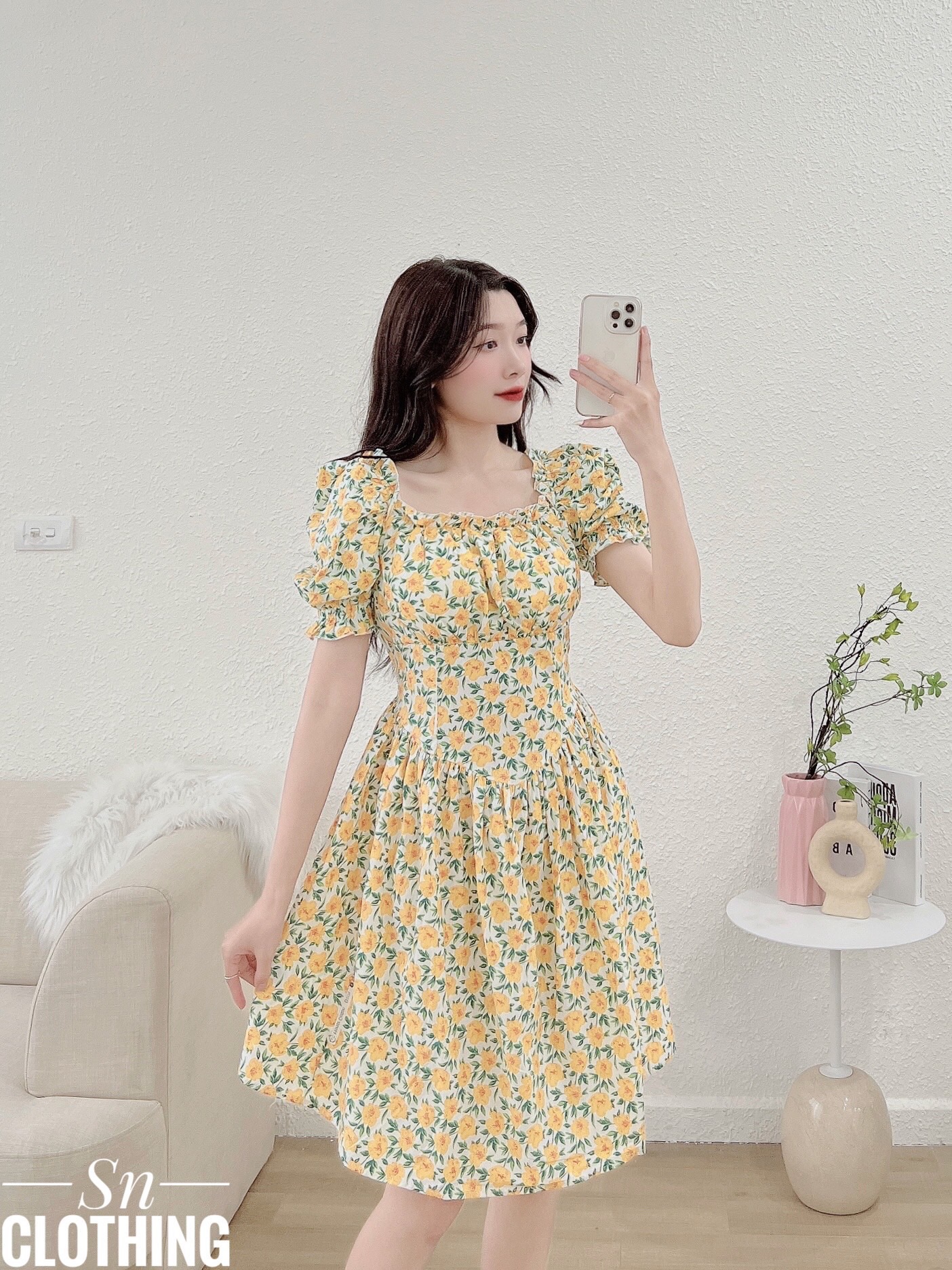 Đầm hoa nhí trễ vai có mút ngực - váy hoa nhí bèo ngực cột nơ tiểu thư