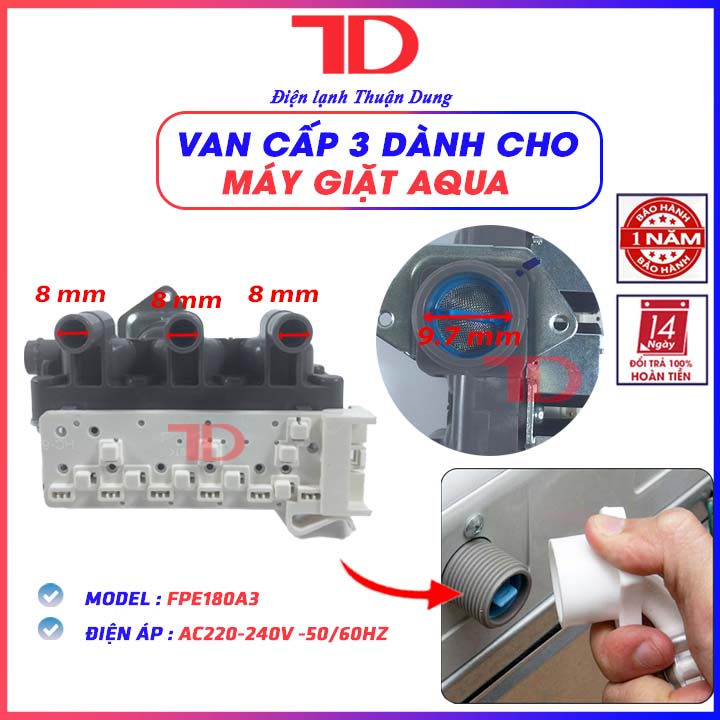 Van cấp nước 3 chân dành cho máy giặt AQUA 220V-240V/50Hz, Van điện từ cấp nước 3 ngã - Điện Lạnh Thuận Dung