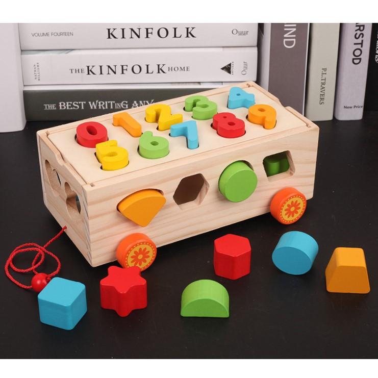 Xe Kéo Thả Hình Khối   Đồ Chơi Gỗ Montessori ,Màu Sắc Đẹp,Luyện Kỹ Năng Tay và Học Màu Sắc,Hình Khối