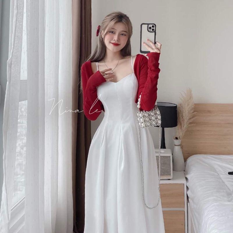 SET ĐẦM XẾP LY 2S VỚI ÁO KHOÁC ĐỎ CROPTOP