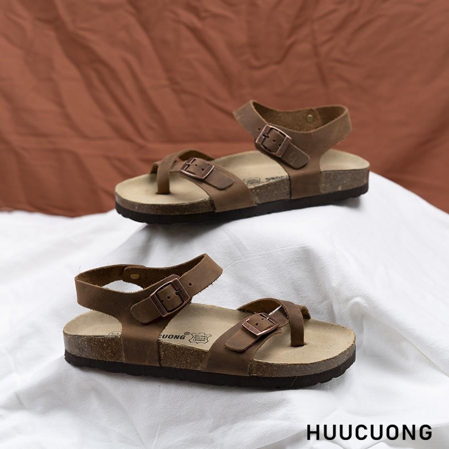 Sandal HuuCuong xỏ ngón da bò nâu đế trấu