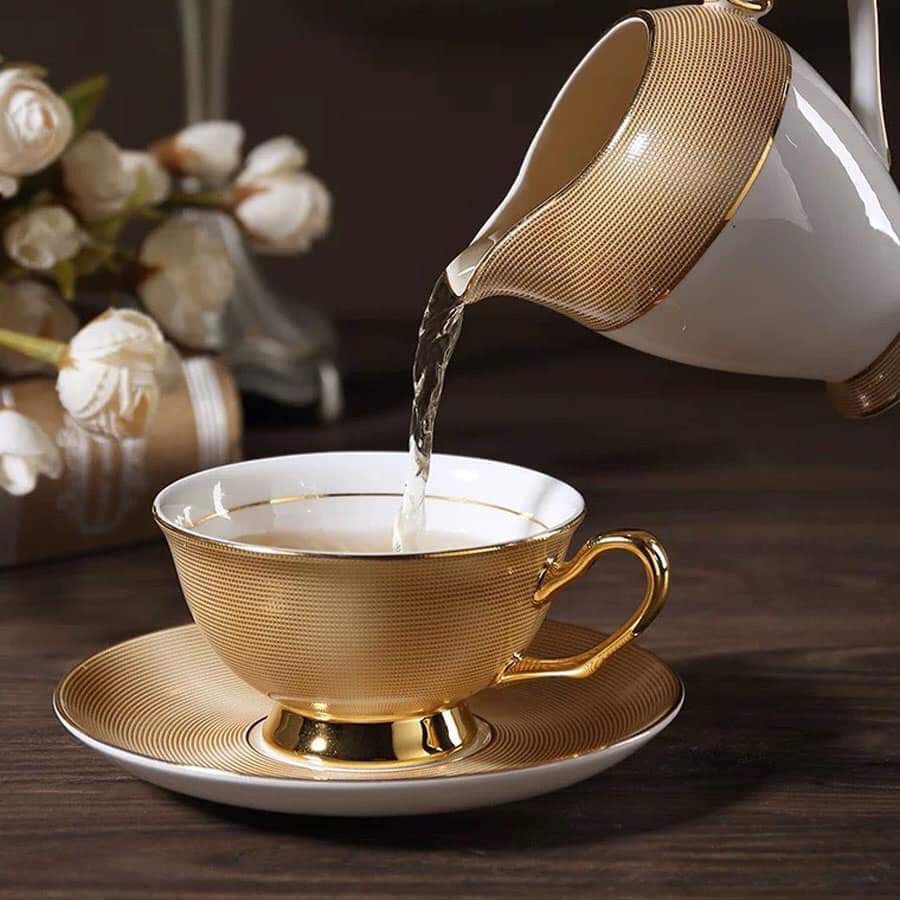 Ấm Chén  Sứ Xương mạ vàng Kèm Bình đường Rót sữa Cao Cấp.