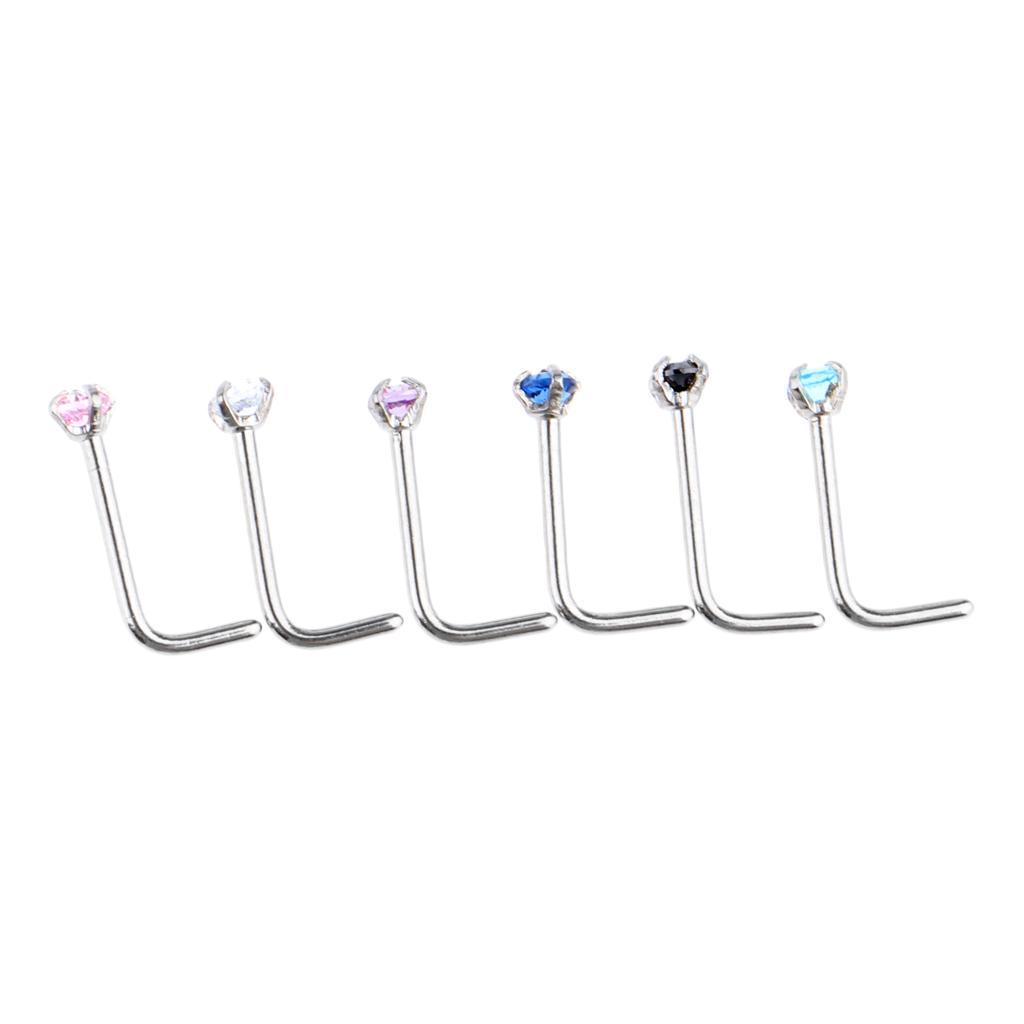 2-7pack 6 Pieces Stainless Steel L Shaped Nose Stud Rings Bar Body Piercing 20g