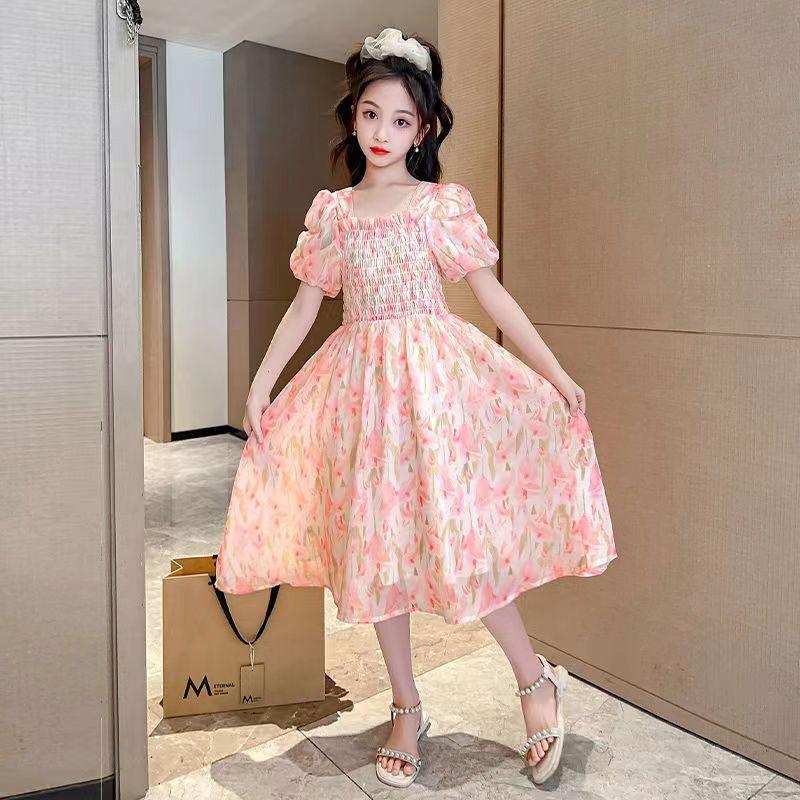 SHUANGYAN Cô gái váy mùa hè phong cách phương Tây 2023 Big Boy mùa hè váy chiffon mùa hè cô gái mảnh hoa mối tình đầu váy