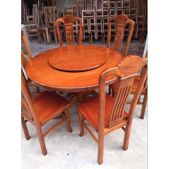 bộ bàn ghế ăn gỗ sồi nga bàn tròn kính xoay 6 ghế