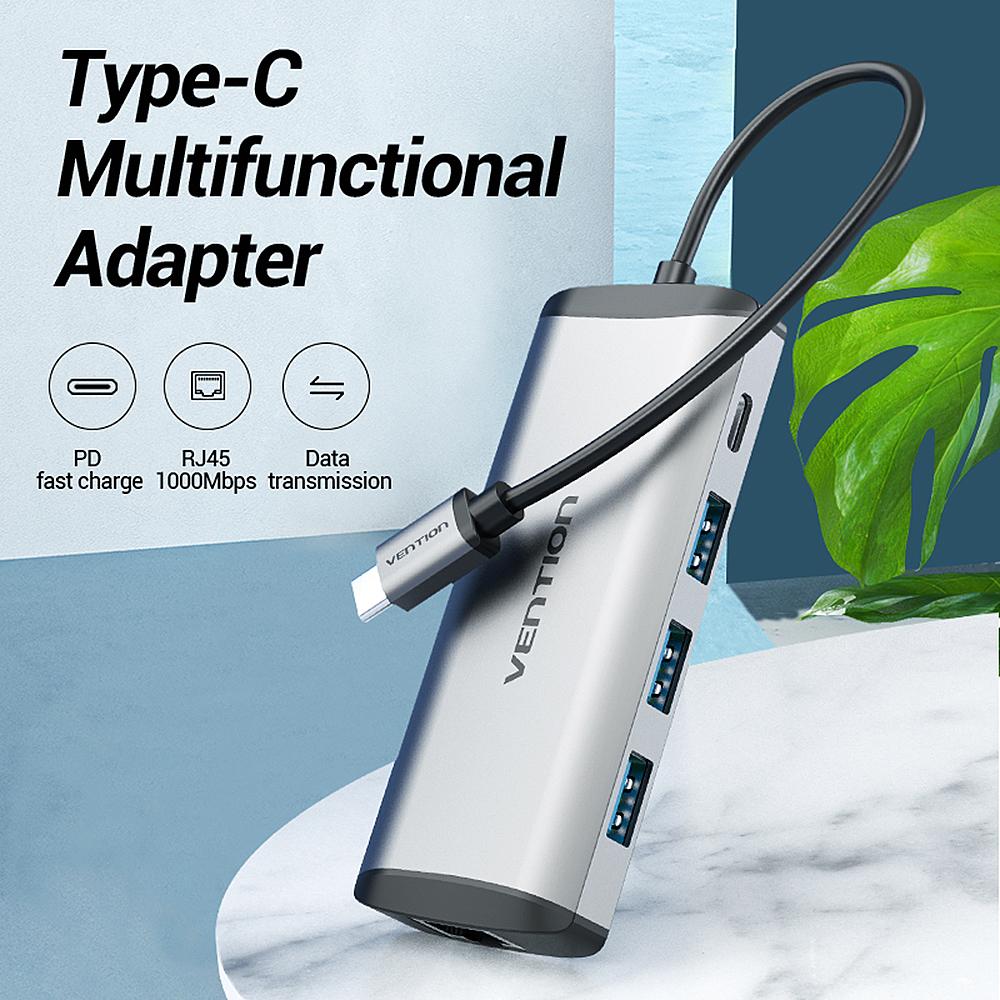 Cáp chuyển Type-C to USB3.0 * 3 RJ45 PD HUB Dock USB-C 0.15M