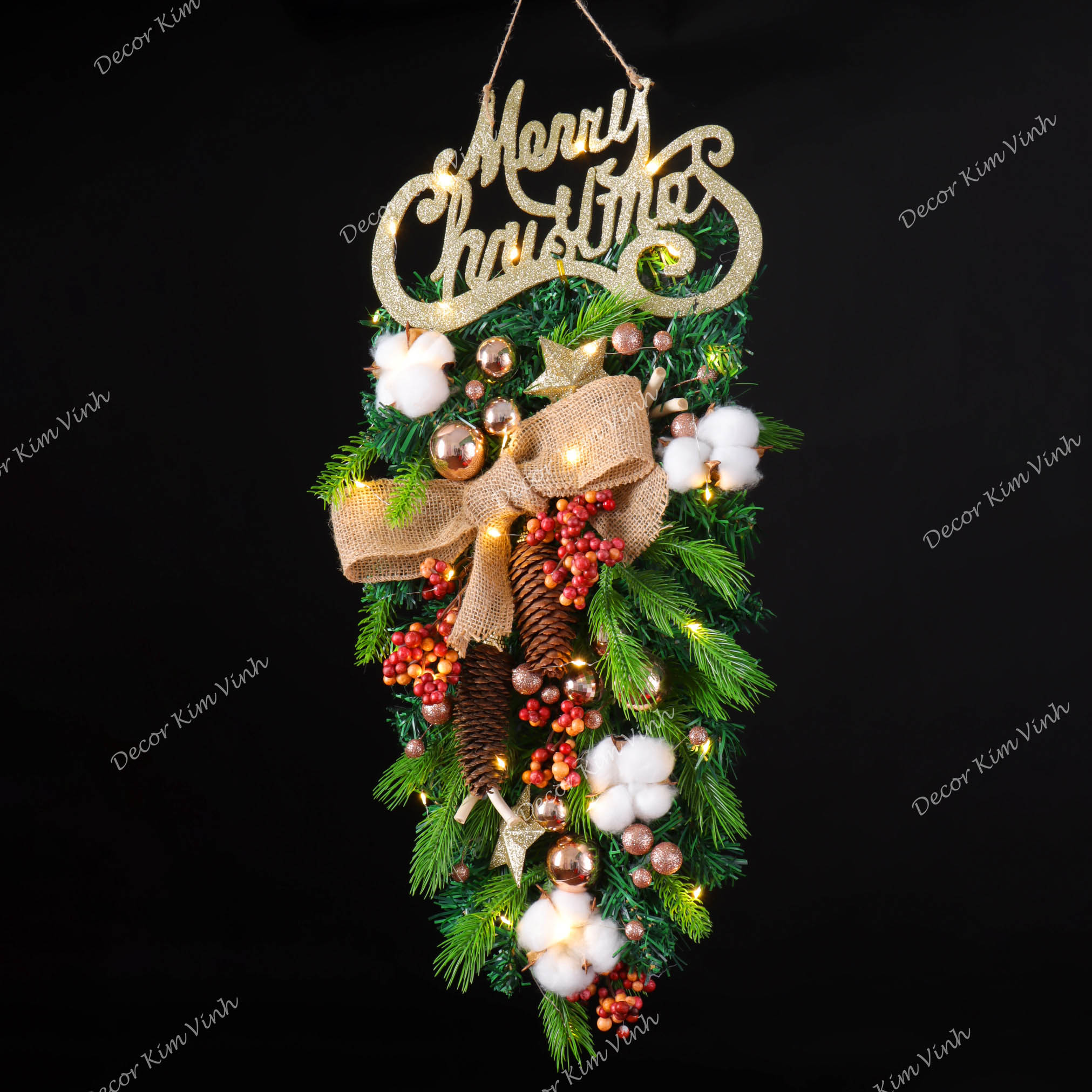 Dây Treo Chùm Thông CT06 Chùm Thông Merry Nơ Vải Trang Trí Noel Kèm đèn