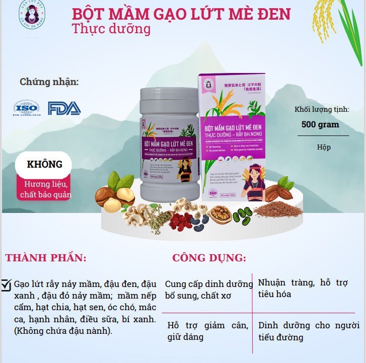 Bột mầm gạo lứt mè đen hộp 500g – Cô gái BH.NÔNG