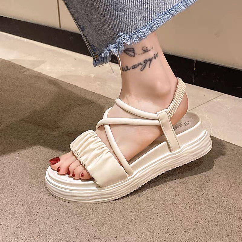 Dép sandal nữ quai nhăn cách điệu dễ thương đế cao 3cm 2 màu  D217