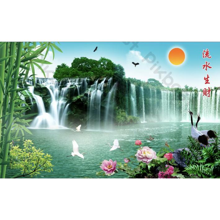 Tranh dán tường Tranh Sơn Thủy Hữu Tình phòng khách hiện đại dán tường  MS959643