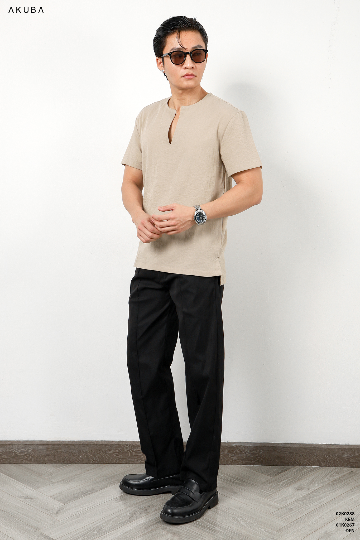 Áo linen nam tay ngắn trơn AKUBA form regular, vải linen nhẹ, thấm hút cực tốt, thân thiện môi trường 02B0288