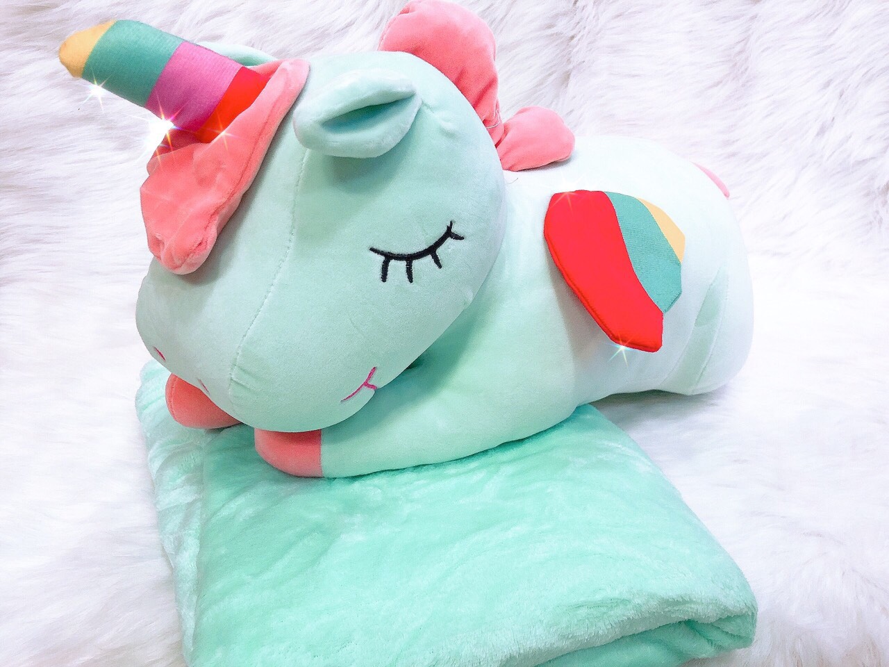Gấu mền 3 trong 1 Unicorn xanh