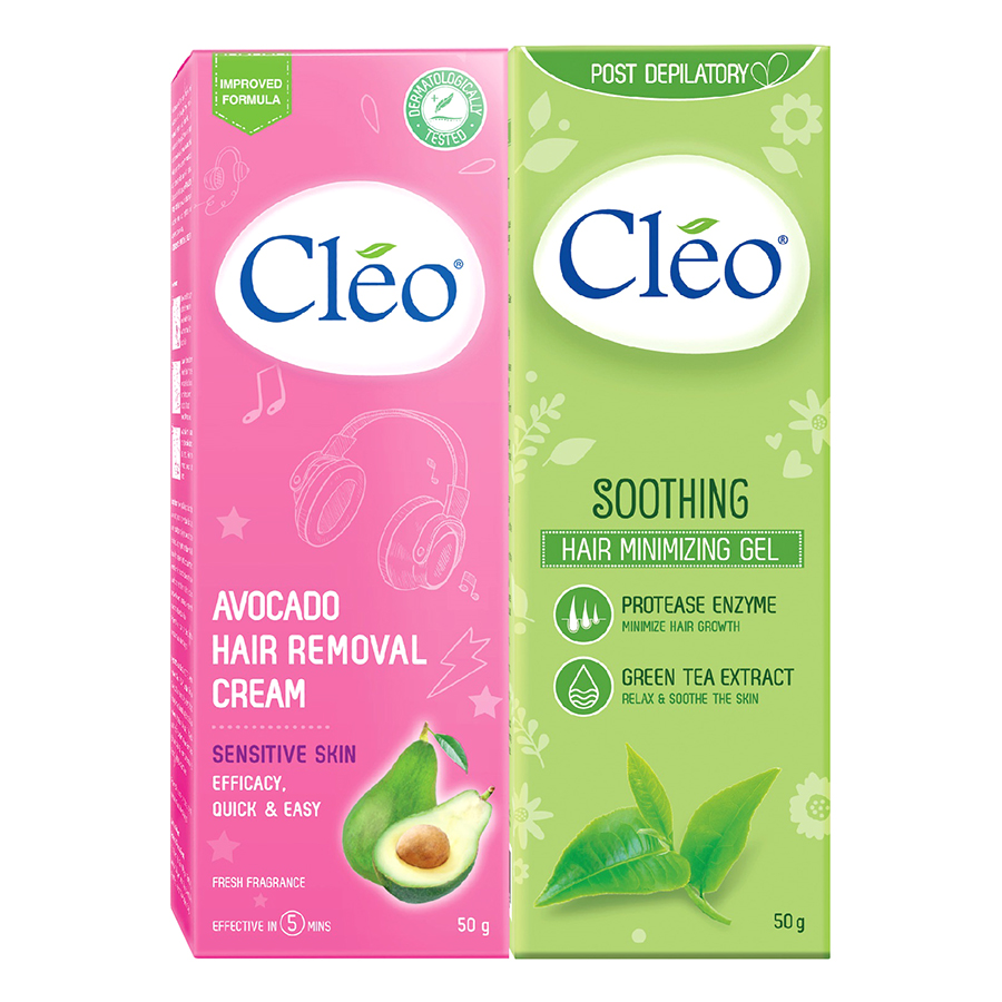 Combo kem tẩy lông chiết xuất bơ Cleo đa vùng dành cho da nhạy cảm 50g và Gel dịu da chiết xuất trà xanh Cleo giúp chậm mọc lông 50g, an toàn, không đau và đạt hiệu quả nhanh chóng