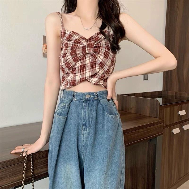 Áo 2 dây nơ hoạ tiết kẻ caro croptop dễ thương hàng QC