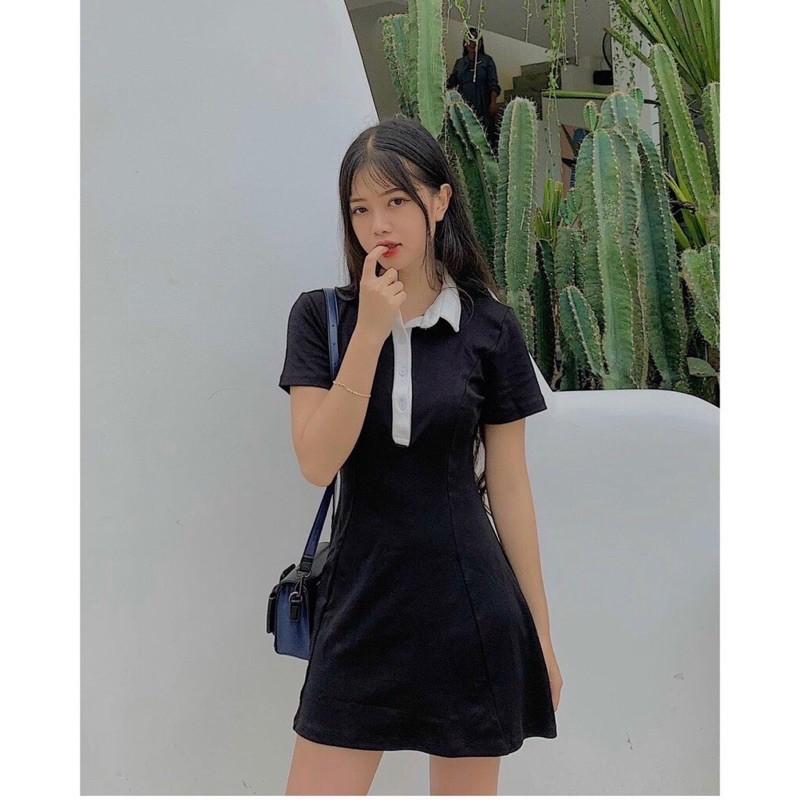 Đầm polo đen viền cổ trắng