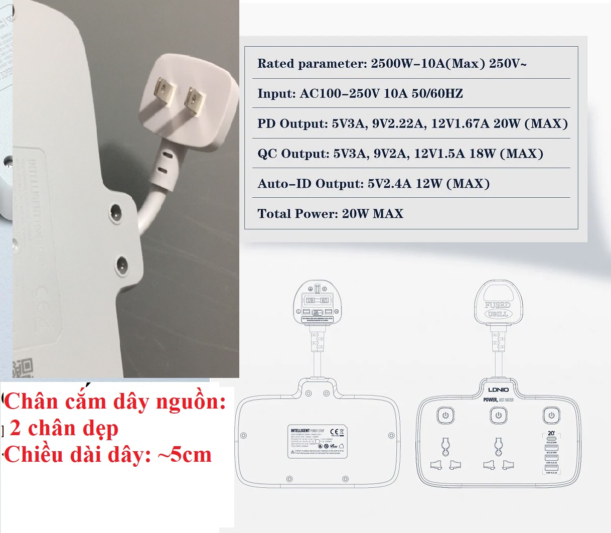 Ổ cắm đa năng 2500W hỗ trợ sạc nhanh QC18W PD20W tích hợp công tắc nguồn riêng LDNIO SC2413 _ Hàng chính hãng