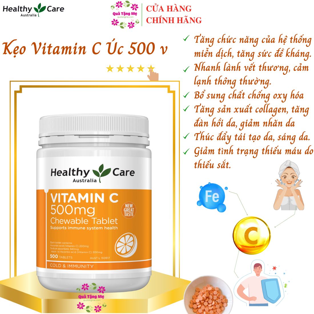 Vitamin C Úc Healthy Care 500mg Giúp Tăng Sức Đề Kháng và Hệ Miễn Dịch, Trắng Sáng Da Đẹp Da - 500v (ngậm)  - QuaTangMe Extaste