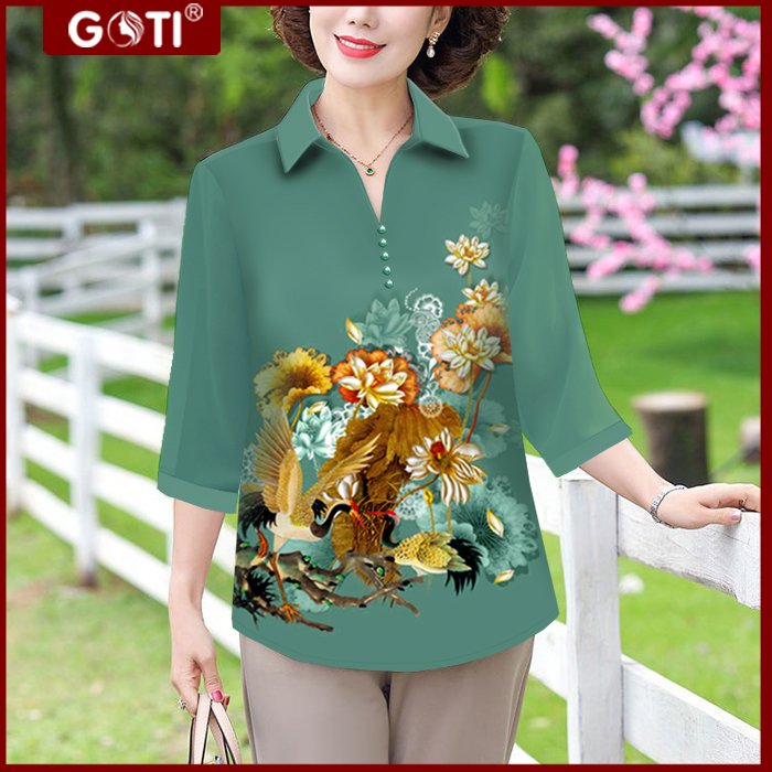 Áo Trung Niên Nữ Cao Cấp Bigsize - Áo Lụa Trung Niên Che Bụng Dạng Áo Kiểu Quý Bà Cổ Bẻ In Họa Tiết U50 U60 Goti 3A28 - Hoa Sen Xanh Lá - 3A29 - Gt - Xl 60 - 67Kg