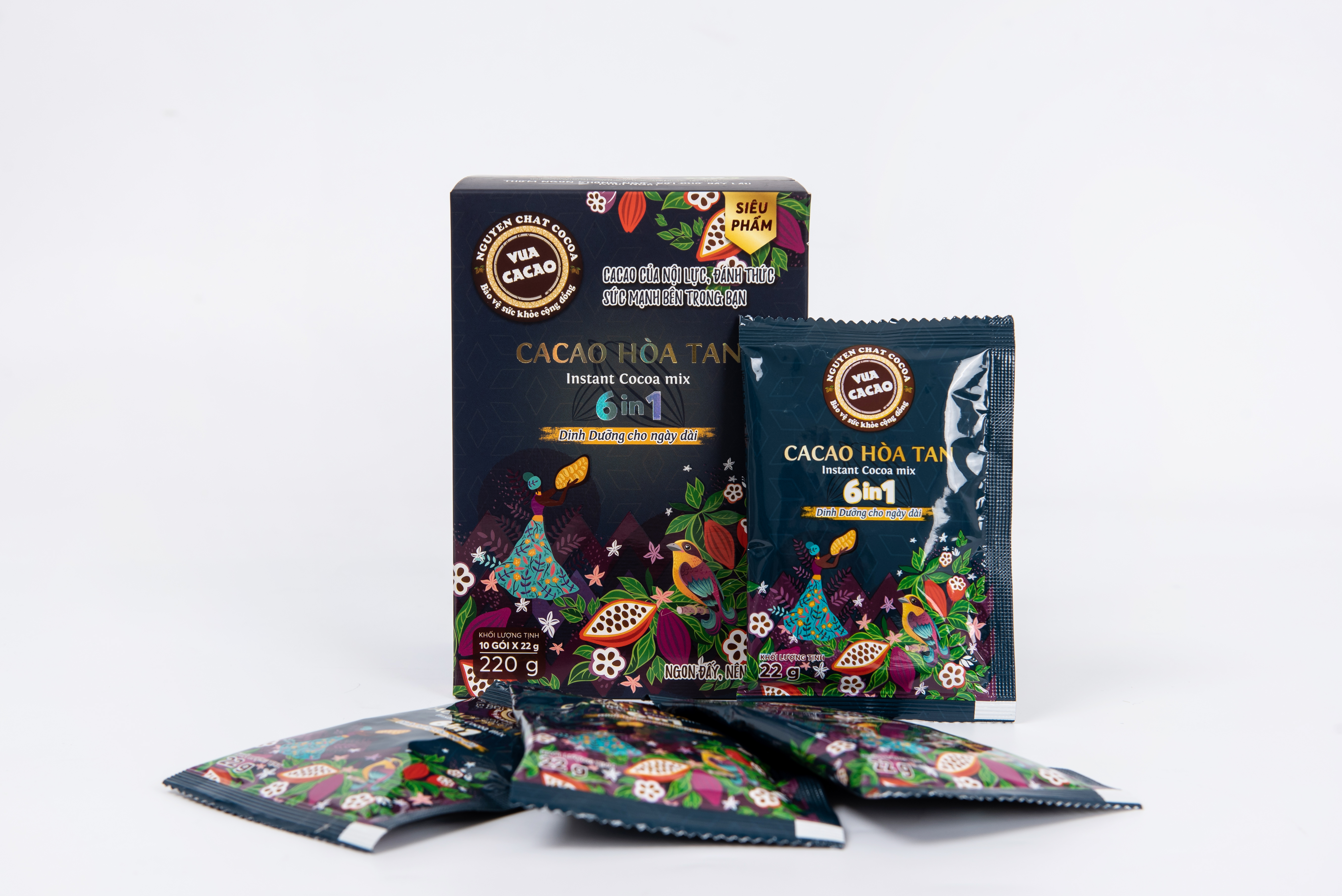 Bột cacao hòa tan 6 in 1, VUA CACAO hảo hạng tăng cường năng lượng, cung cấp dinh dưỡng cho ngày dài - Hộp 10 gói x 220g