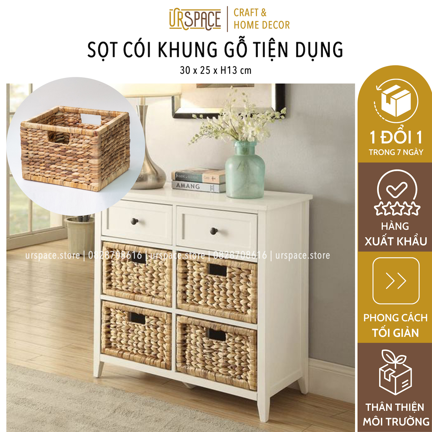 Sọt cói (lục bình) chữ nhật khung gỗ trang trí đa năng/ Hand-wowen rectangle water hyacinth storage basket for home deco