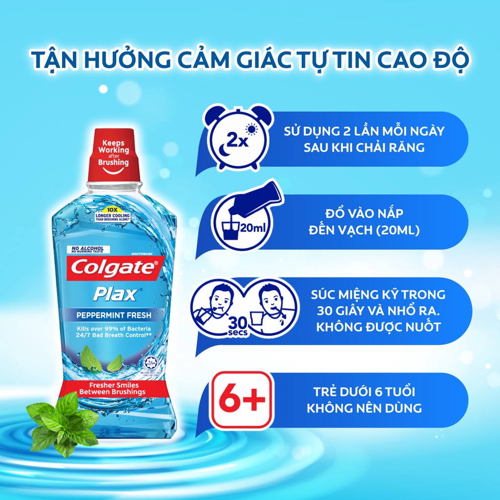 Bộ đôi nước súc miệng Colgate diệt 99% vi khuẩn Plax bạc hà 500ml/chai