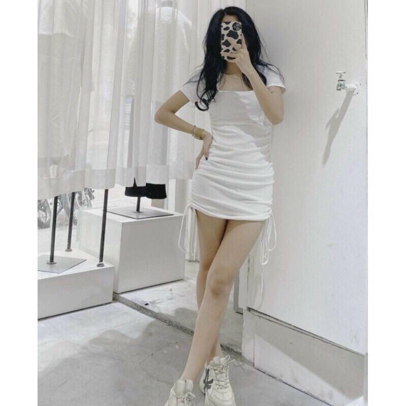 Đầm body ngắn tay cổ vuông rút eo siêu xinh