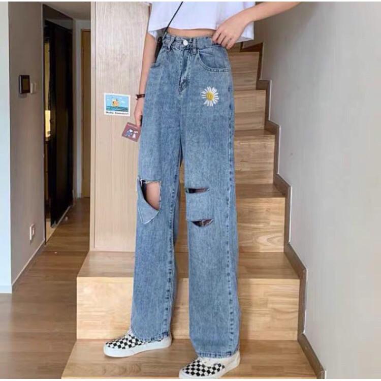 Quần jean ống rộng Simple thiêu hoa cúc - OR120