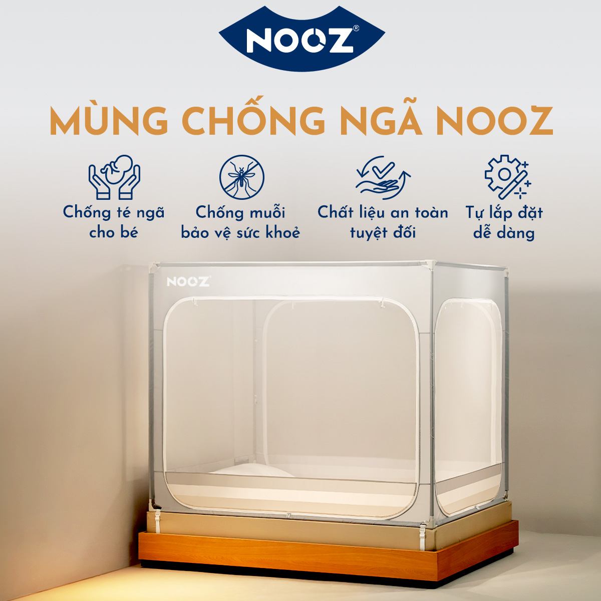 Mùng Chống Ngã NOOZ Khung Vuông Màng Chống Muỗi Dễ Lắp Đặt Không Khoan Tường NOOZ Home Goods