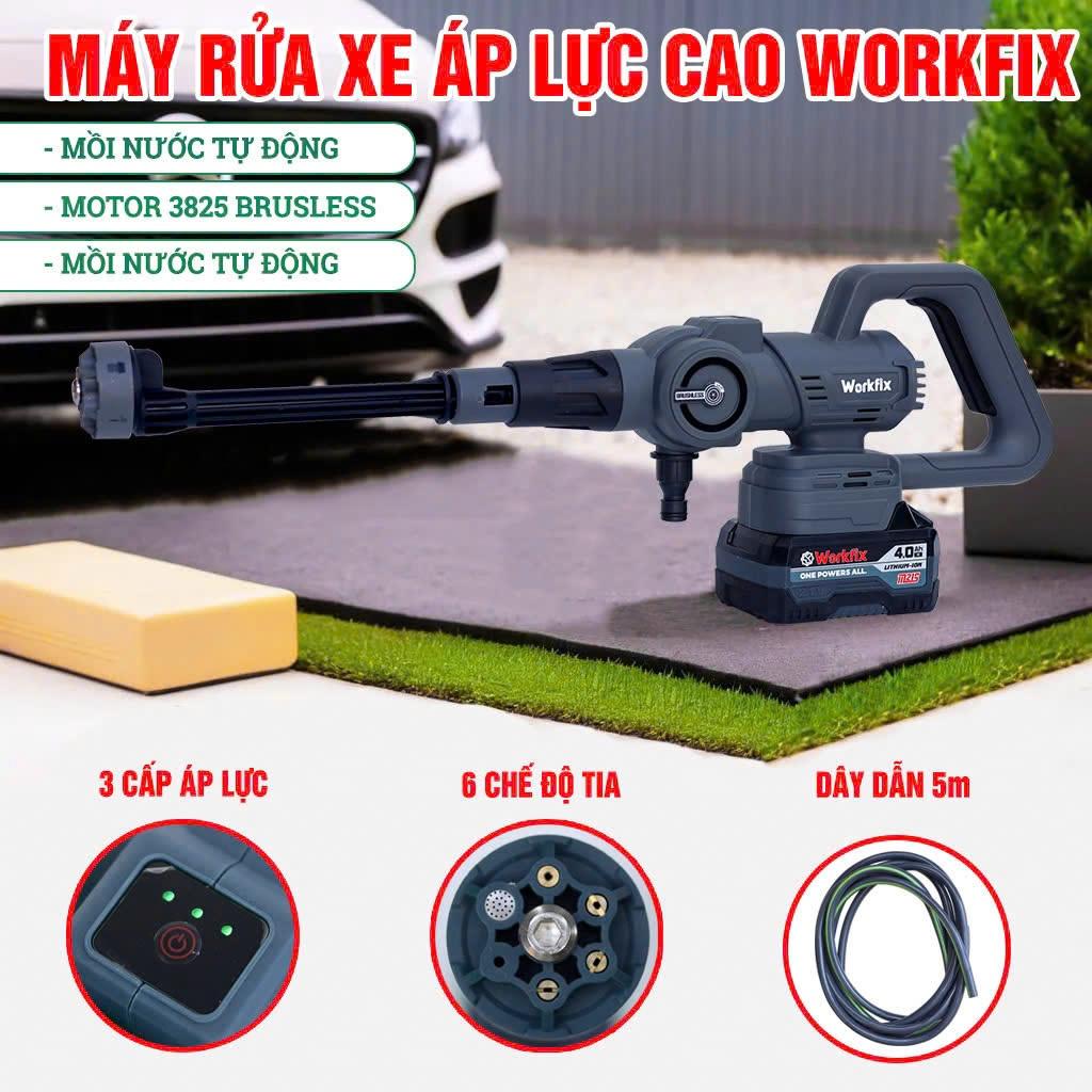 Máy rửa xe dùng pin Workfix WF- PW3825BL, Nút cảm ứng chỉnh 3 cấp tốc độ, Động cơ Không chổi than