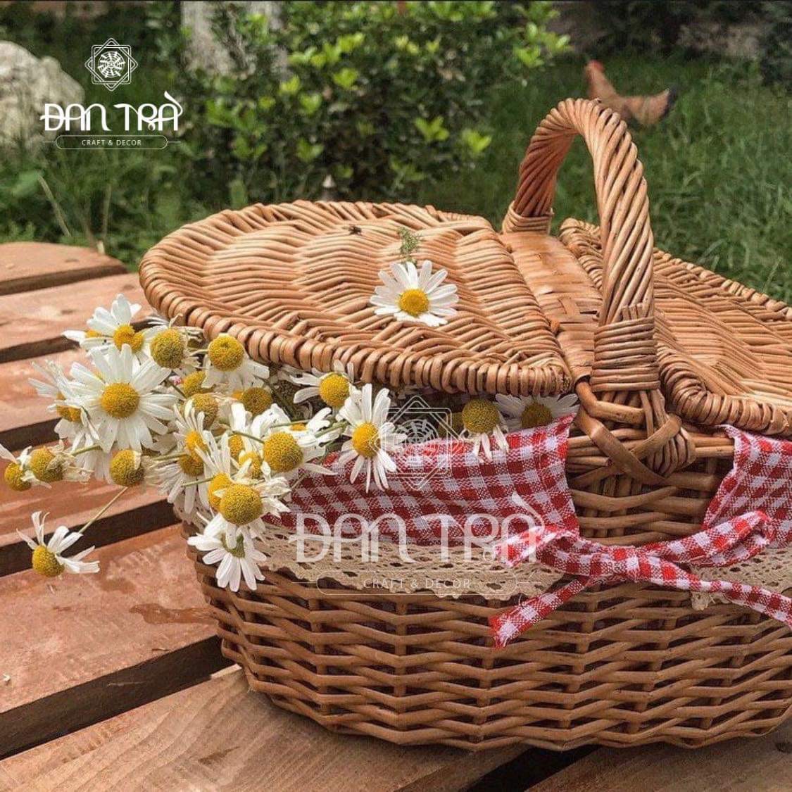 Giỏ Mây Picnic Lót Vải Có Nắp -Giỏ Mây Decor Phòng- Phụ Kiện Decor Mây Tre Đan