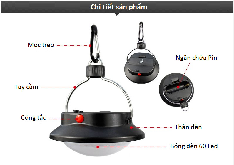 Đèn 60 led sạc điện đa năng có móc treo