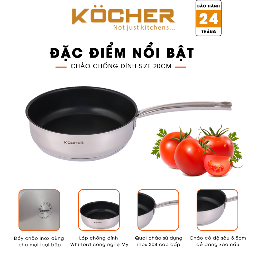 Chảo chống dính bếp từ lòng sâu cao cấp KOCHER size 20-24cm 5 lớp đáy