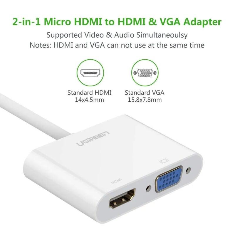 Ugreen UG30354MM115TK 30CM màu Trắng Bộ chuyển Micro HDMI sang HDMI + VGA kèm cổng âm thanh - HÀNG CHÍNH HÃNG