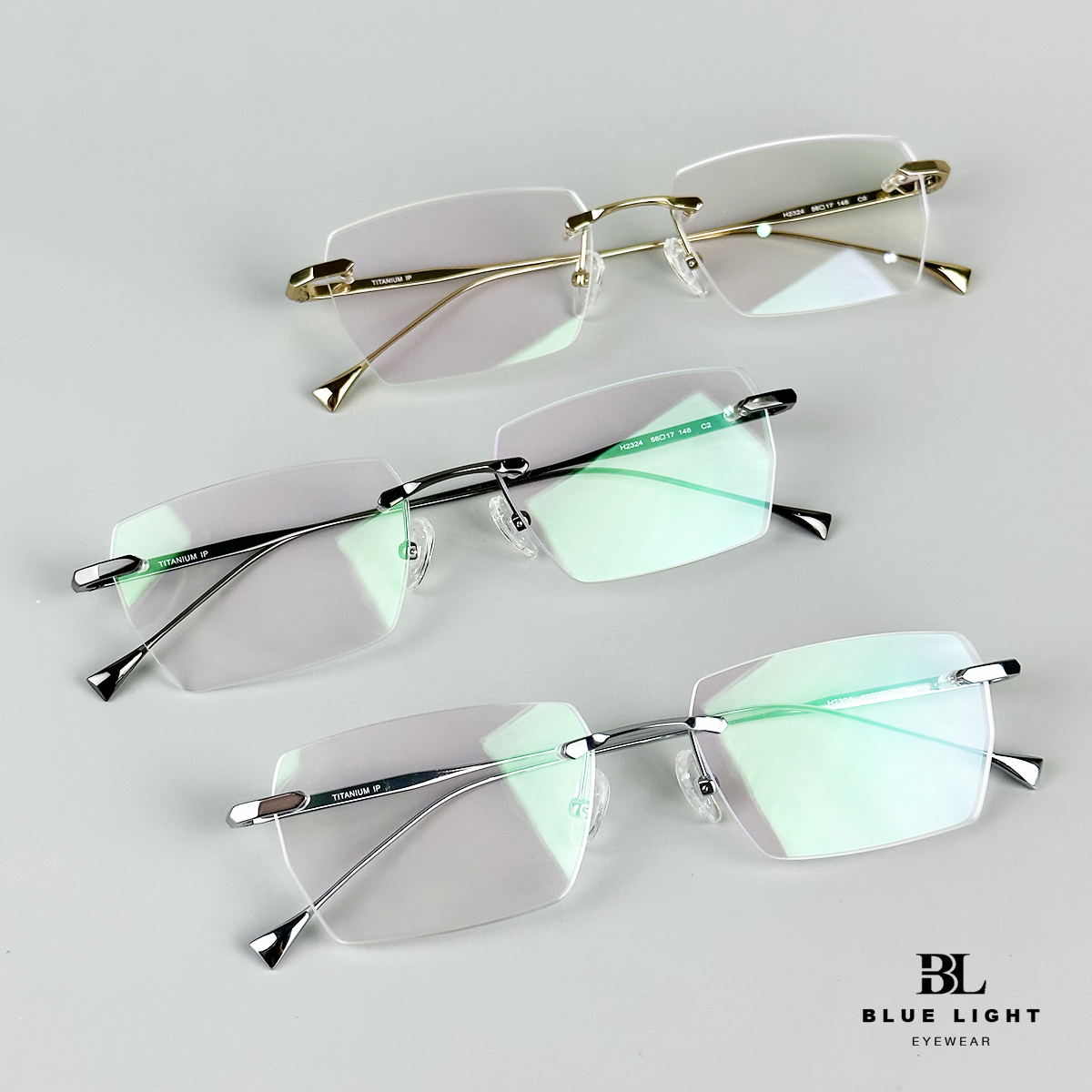 Gọng Kính Cận Giả Cận Nam Nữ Cao Cấp Titanium BLUE LIGHT Mắt Khoan Không Viền Chữ Nhật Bạc Đen Vàng Dày Dặn Cứng Nhẹ