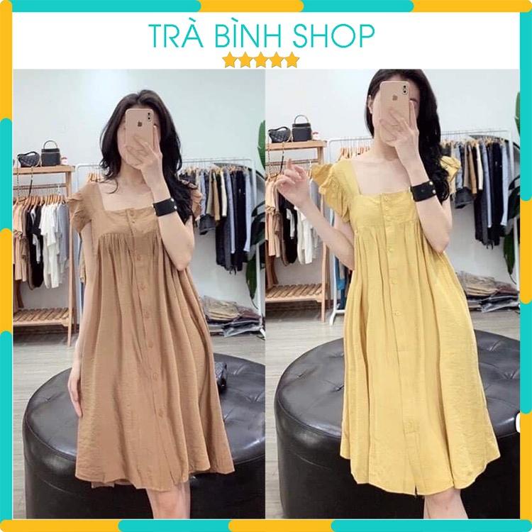 Đầm suông chất đũi tay cánh tiên váy dáng dài đính cúc xếp ly form rộng