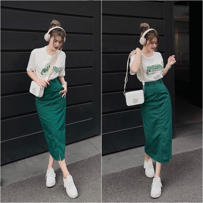 SET CHÂN VÁY DÀI LƯNG CAO SUÔNG TRƠN XẺ TRƯỚC XANH LÁ + ÁO THUN FORM RỘNG ĐI BIỂN DẠO PHỐ DỰ TIỆC