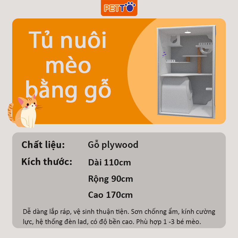 Tủ nuôi mèo bằng gỗ nhà mèo áp tường màu trắng KÈM LỒNG KÍNH, đèn led sang trọng dành cho 1 -2 bé mèo CC026