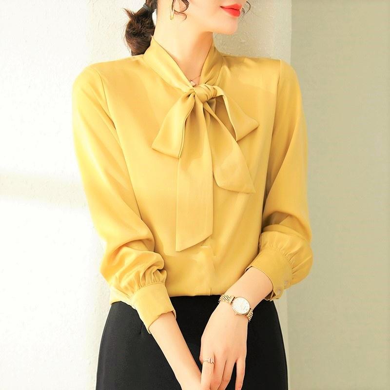 Áo Sơ Mi Kiểu Công Sở Đẹp CHIPY Tay Dài Cổ Thắt Nơ Vàng Chất Lụa Cao Cấp From Rộng Hàn Quốc Ulzzang Vintage A1V