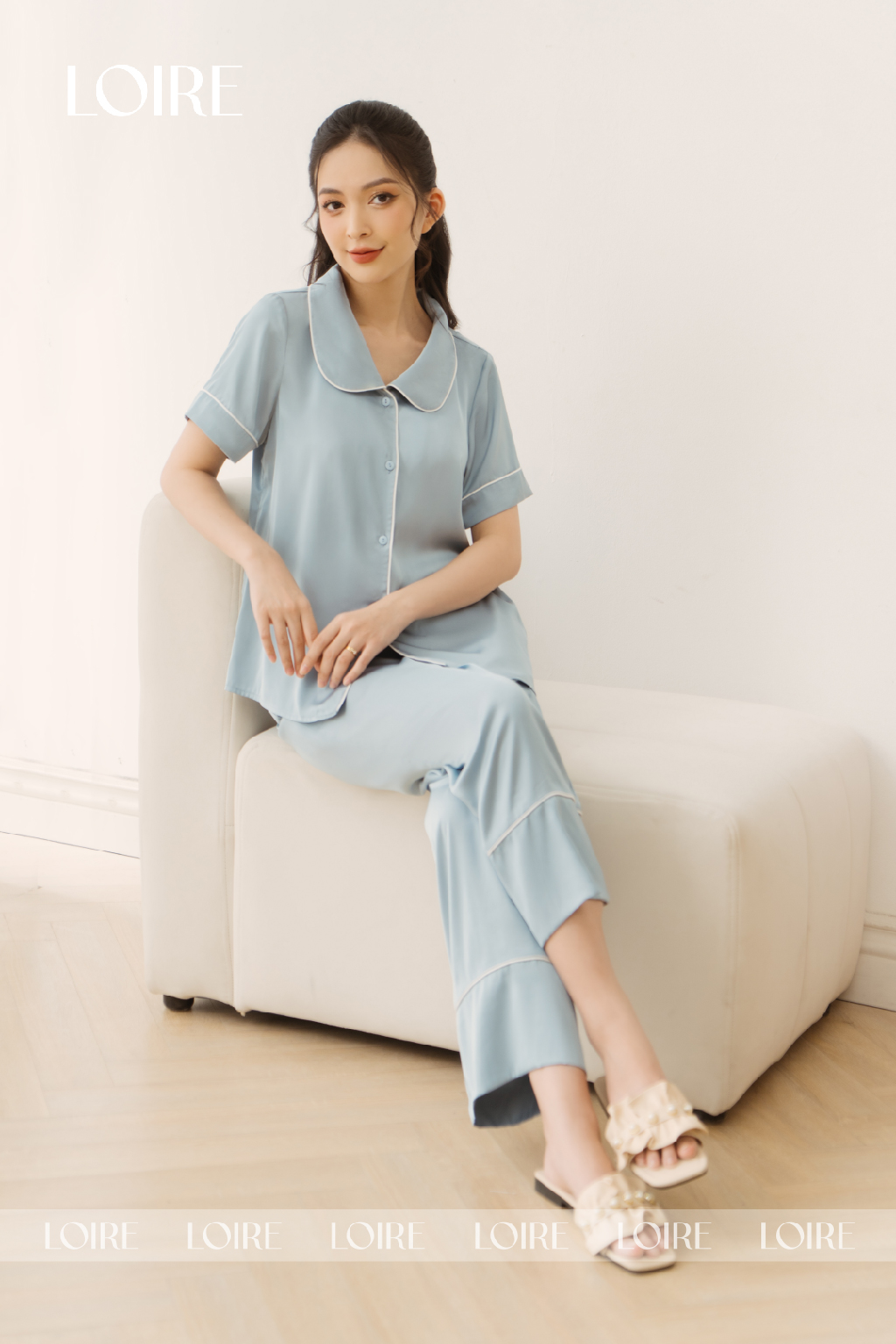 Bộ Pijama Lụa Cổ Sen Tròn Basic Loirechic LPN26