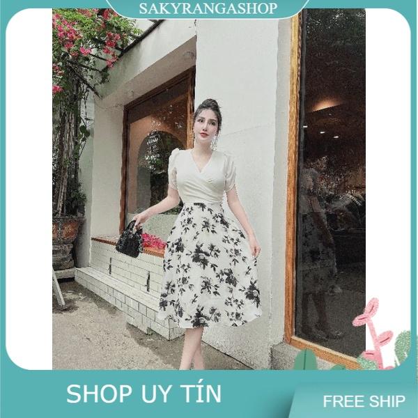 ĐẦM XÒE CỔ ĐẮP CHÉO PHỐI CHÂN VÁY HOA