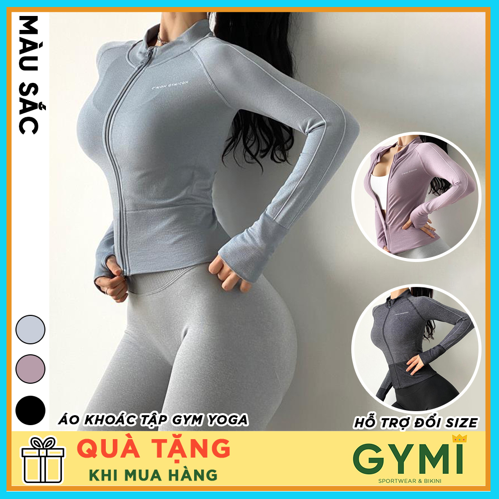 Áo khoác tập gym yoga nữ GYMI AK03 dáng croptop thể thao chất vải dệt dày dặn thoáng khí chống nắng