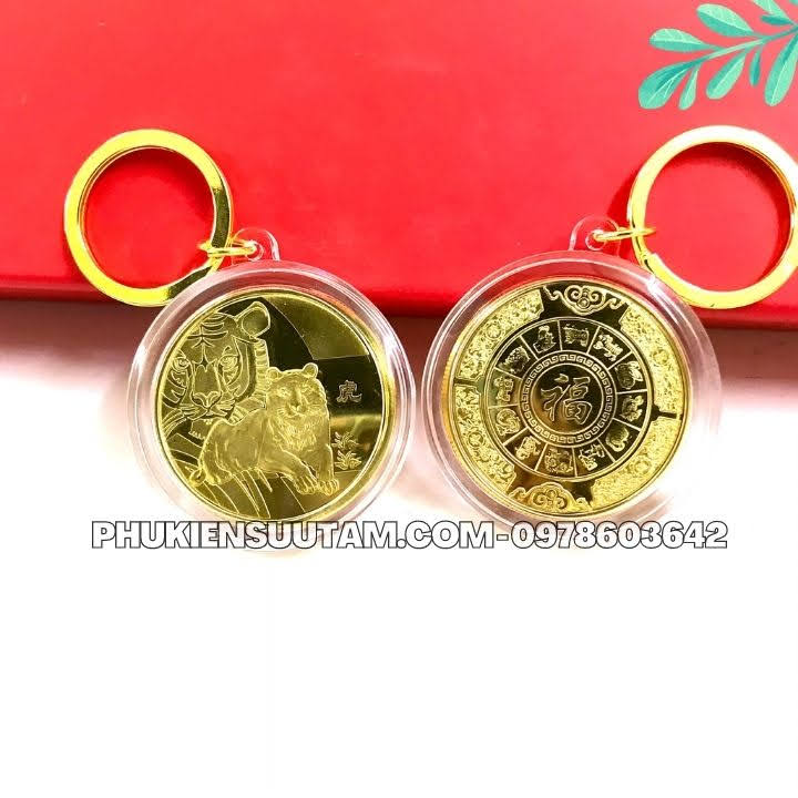 Móc Khóa Xu 12 Con Giáp Tuổi Dần, đường kính: 5cm, màu: vàng - SP005831