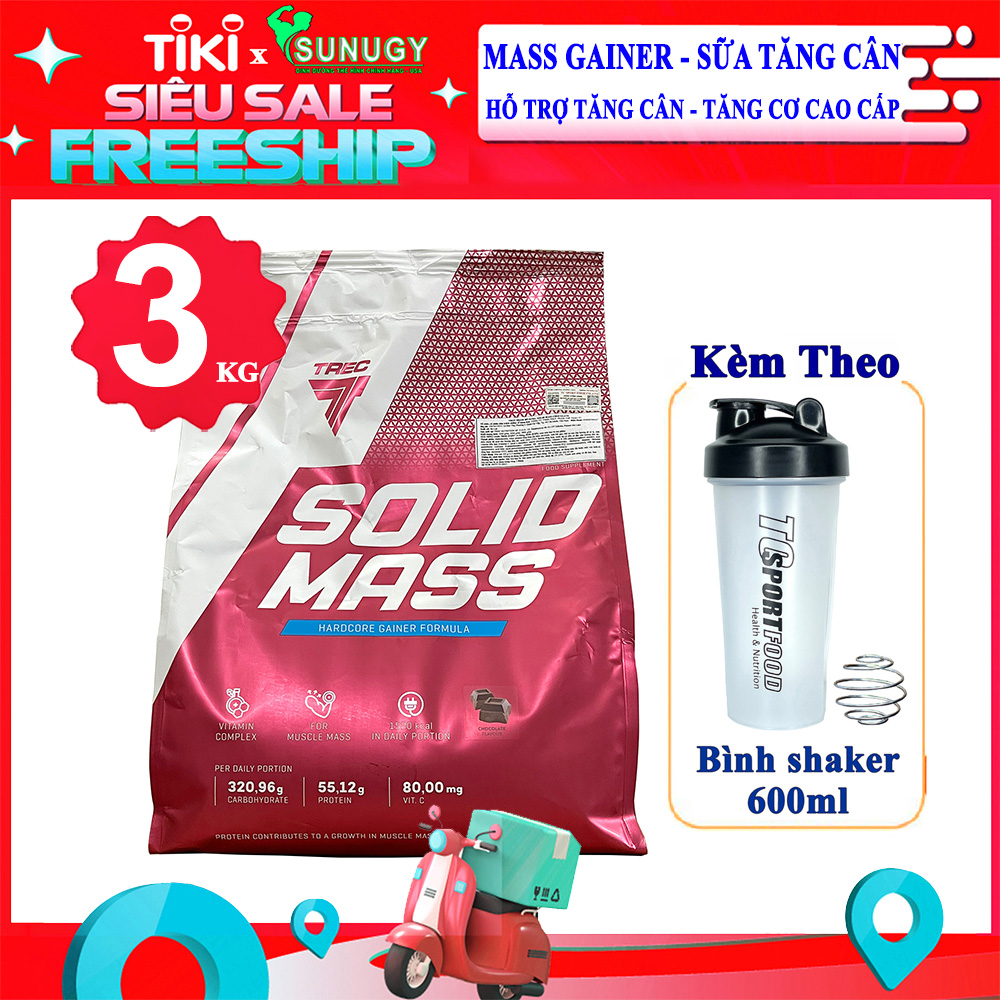 Combo Sữa tăng cân tăng cơ SOLID MASS của TREC hỗ trợ tăng cân, tăng cơ nạc cao cấp &amp; Bình shaker 600ml (mẫu ngẫu nhiên)