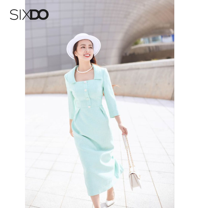 Đầm midi tweed cổ vuông thanh lịch SIXDO